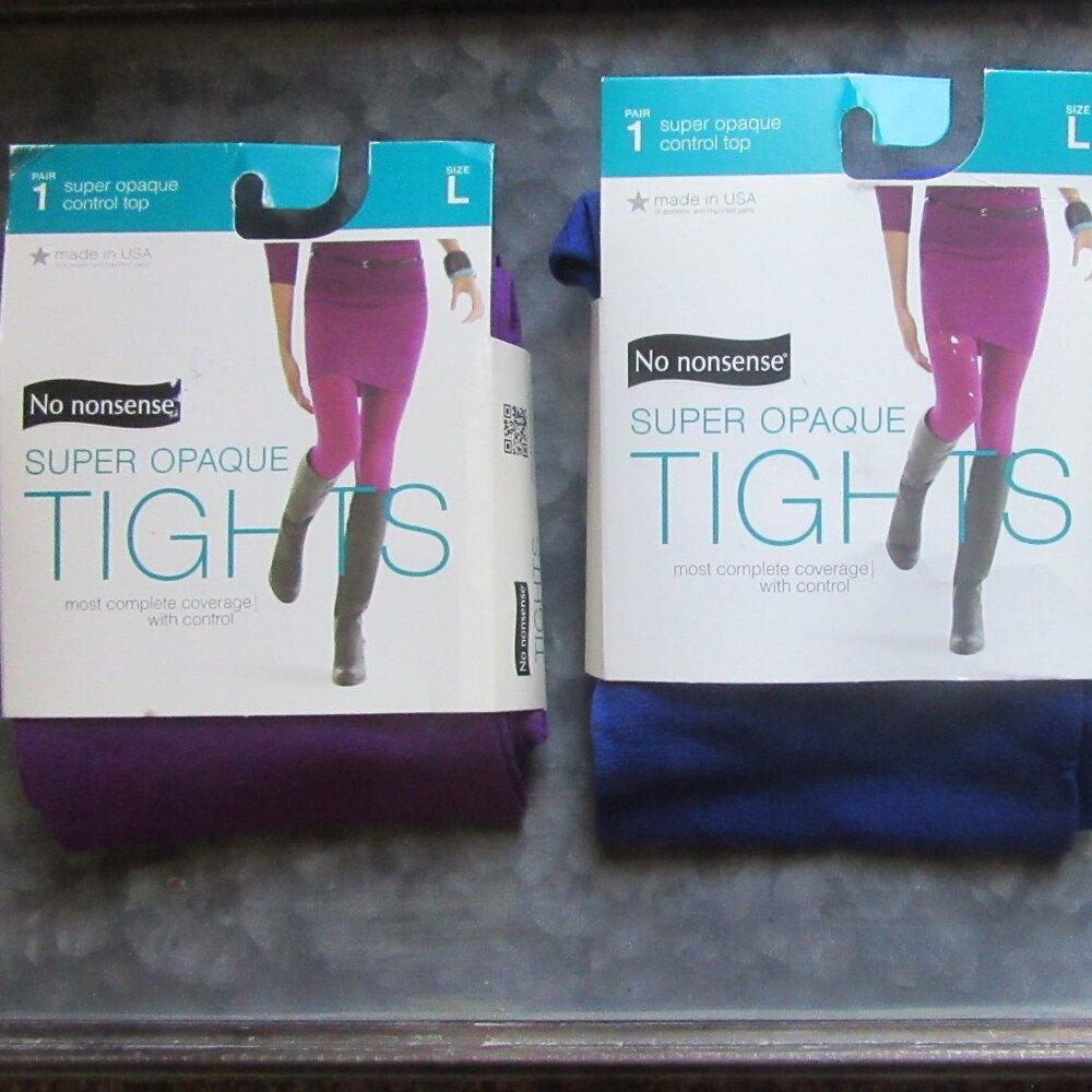 2 Pairs New in Package No nonsense Super Opaque Tights Sz L Royal Blue & Purple